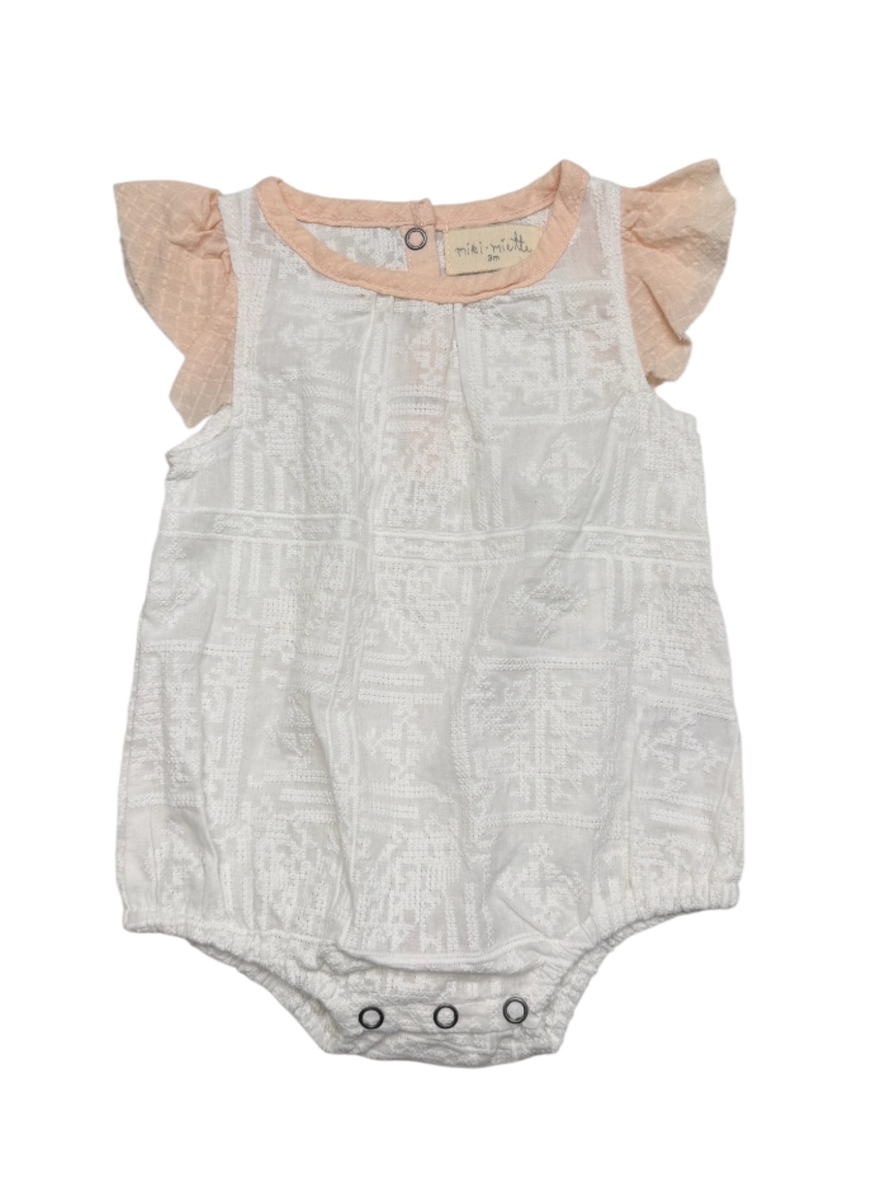 Miki Miette White Lace Baby Romper with Peach Ruffle Sleeves